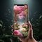 Smartphone screen held in hand with camera, path with Flowers nature. Flowering flowers, a symbol of spring, new life
