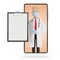 Smartphone screen with male doctor. Online health insurance concept. The doctor holds the contract.