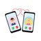 Smartphone screens with a man and a woman, hearts in a flat style. social distance remote communication with family, friends.