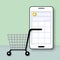 Smartphone with shopping cart on pastel green background, Design for online sale, e-commerce and online shopping concept.