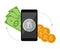 Smartphone with silver bitcoin symbol and arrows showing paper dollars and coins. Cryptocurrency technology and bitcoin exchange