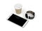 Smartphone, smartwatch and coffee cup