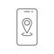 Smartphone specifications line icon. Geolocation map mark, mobile phone functions and apps. Vector line icon with