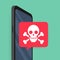 Smartphone with speech bubble and skull and crossbones on screen. Threats, mobile malware, spam messages. Vector illustration.