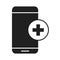 Smartphone support online healthcare medical and hospital pictogram silhouette style icon
