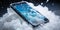 Smartphone surrounded by soap foam , concept of Gadget hygiene