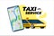 Smartphone with taxi transfer route and geotag gps location pin arrival address on map. Online cab order service mobile