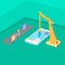 Smartphone technology creative process with crane. Visualization flat 3d web isometric infographic concept vector