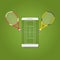 Smartphone with tennis field on screen and rackets.