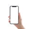 Smartphone in woman`s hand isolated on white background with blank screen clipping path for digital mobile smart phone mockup