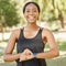 Smartwatch, fitness or happy black woman portrait in nature to monitor training stats, exercise or running performance