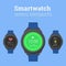 Smartwatch menu elements. Modern smartwatch in round design with icons of weather forecast and heart rate monitor.