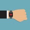 Smartwatch on wrist displaying heartbeats. Fitness app icon. Man with modern smartwatch isolated.