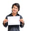 Smile asian man showing blank paper