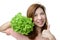 Smile asian woman give thumb to hydroponics green oak vegetable