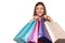 Smile beautiful happy woman holding shopping bags, sale, isolated on white background