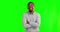 Smile, black man and arms crossed on green screen with confident, happy or positive mindset on studio background