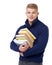 Smile, books and portrait of man in a studio with positive, good and confident attitude for studying. Happy, pride and