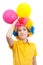 Smile boy in clown wig with two air balloons