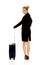 Smile businesswoman dragging wheeled suitcase