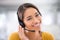 Smile, callcenter and portrait of woman with headset, help desk and phone call at crm office. Proud, happy or