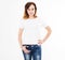 Smile caucasian woman in tshirt isolated on white background, mock up for design
