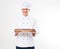 Smile chef holding empty wooden tray isolated on white background, blank,copy space