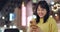 Smile, city and Japanese woman with smartphone, funny and connection with social media, influencer and post. Humor