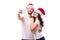 Smile couple in Santa hats in love taking romantic self portrait