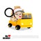 Smile delivery man with magnifier in hand, truck and package del