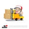 Smile delivery man thumb up on forklift truck , and package deli