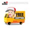 Smile delivery man thumb up on truck with text free shipping del