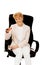 Smile elderly business woman sitting on armchair and holding huge pen