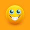 Smile emoji face. Cute eyes, emoticon symbol sticker. Happy white teeth smile, laughter comic character. 3d cute ball