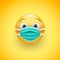 Smile emoticon in protective surgical mask. Icon for coronavirus outbreak. Wear a medical mask to prevent the spread of