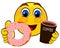 Smile emoticons holding coffee and doughnut
