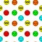 Smile faces in pixel art seamless pattern. Various emoji icons on white background. Cool in sunglasses, brooding, funny, dead, ang