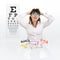 Smile female face chooses spectacles on eyesight test chart