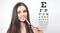 Smile female face with spectacles on eyesight test chart