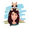 Smile female with her dog on head. pet and owner concept - vector illustration