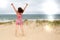 Smile Freedom and happiness tourist woman enjoying serene ocean nature