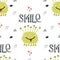 Smile - Funny monsters seamless pattern with lettering. Color kids illustration in scandinavian style