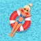 Smile girl swims, tanning on air mattress, life buoy in swimming pool. Woman floating on beach toy, rubber ring. Inflatable circle