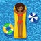 Smile girl swims, tanning on air mattress in swimming pool. Woman floating on toy isolated on water background. Inflatable circle