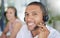 Smile, headset and portrait of a man in a call center for online support, consulting and advice. Happy, conversation and