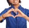 Smile, heart shape or hands of happy woman with love for care, health or valentines day in studio. Wellness, white