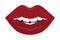 Smile on the lips. Seductive mouth. Colored vector illustration. Flat style. An even row of white teeth. Luscious lipstick shade.