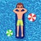 Smile man swims, tanning on air mattress in swimming pool. Character floating on toy isolated on water background. Inflatable