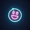 Smile neon icon. Happy emoji illumination symbol. Label isolated on black. Element of interface or promotional items