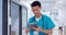 Smile, nurse and Asian man research on tablet, online wellness or telehealth in hospital. Happy medical worker on
